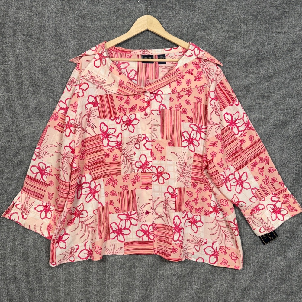 Laura Scott Plus Sz 24W‎ Shirt Blouse Cream Red Floral Wide Collar Bell Sleeve